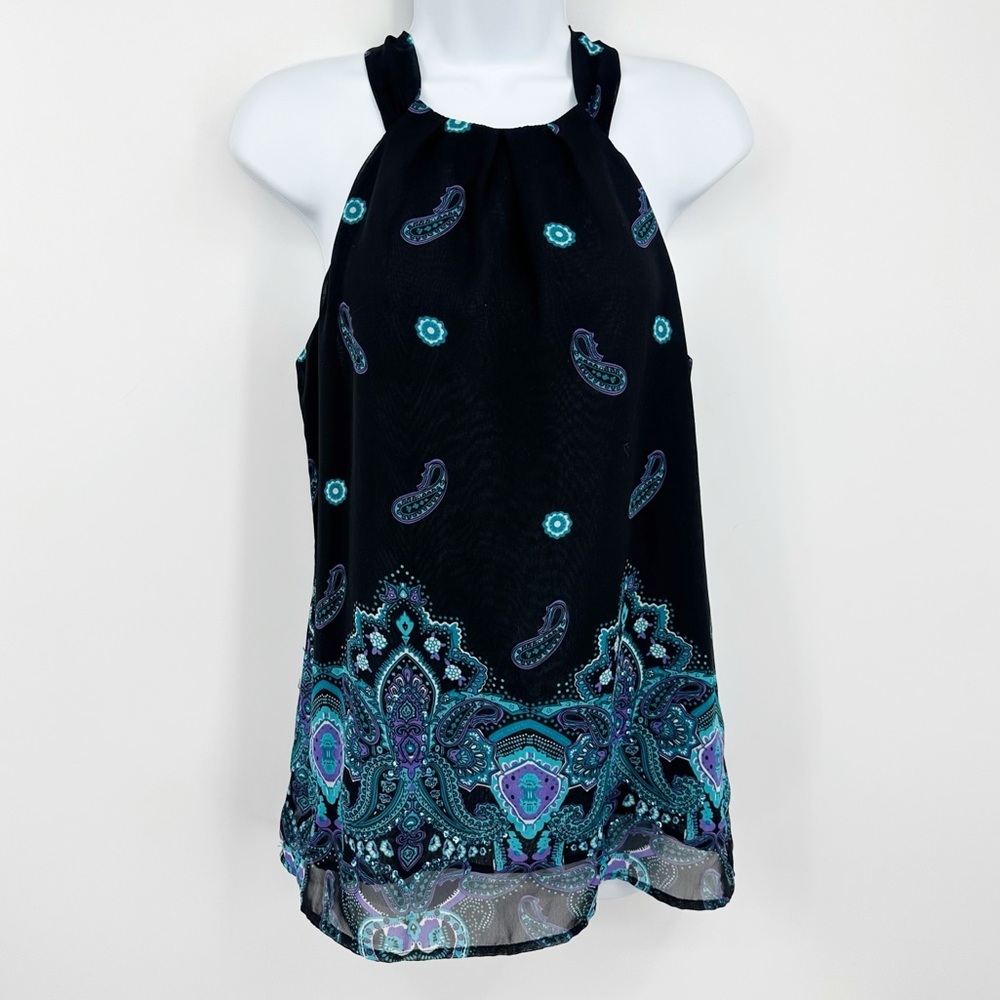 Vintage Y2K Black Paisley Embellished Halter Tank Top Size Small Whimsical Fairy